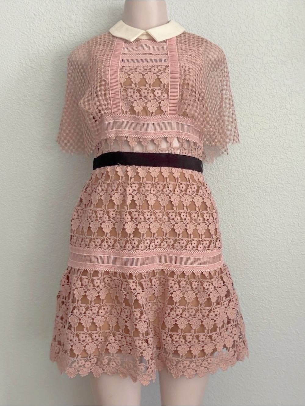 Self-Portrait Floral Vine Cape Lace Mini Dress Collared Blush Pink SZ 6